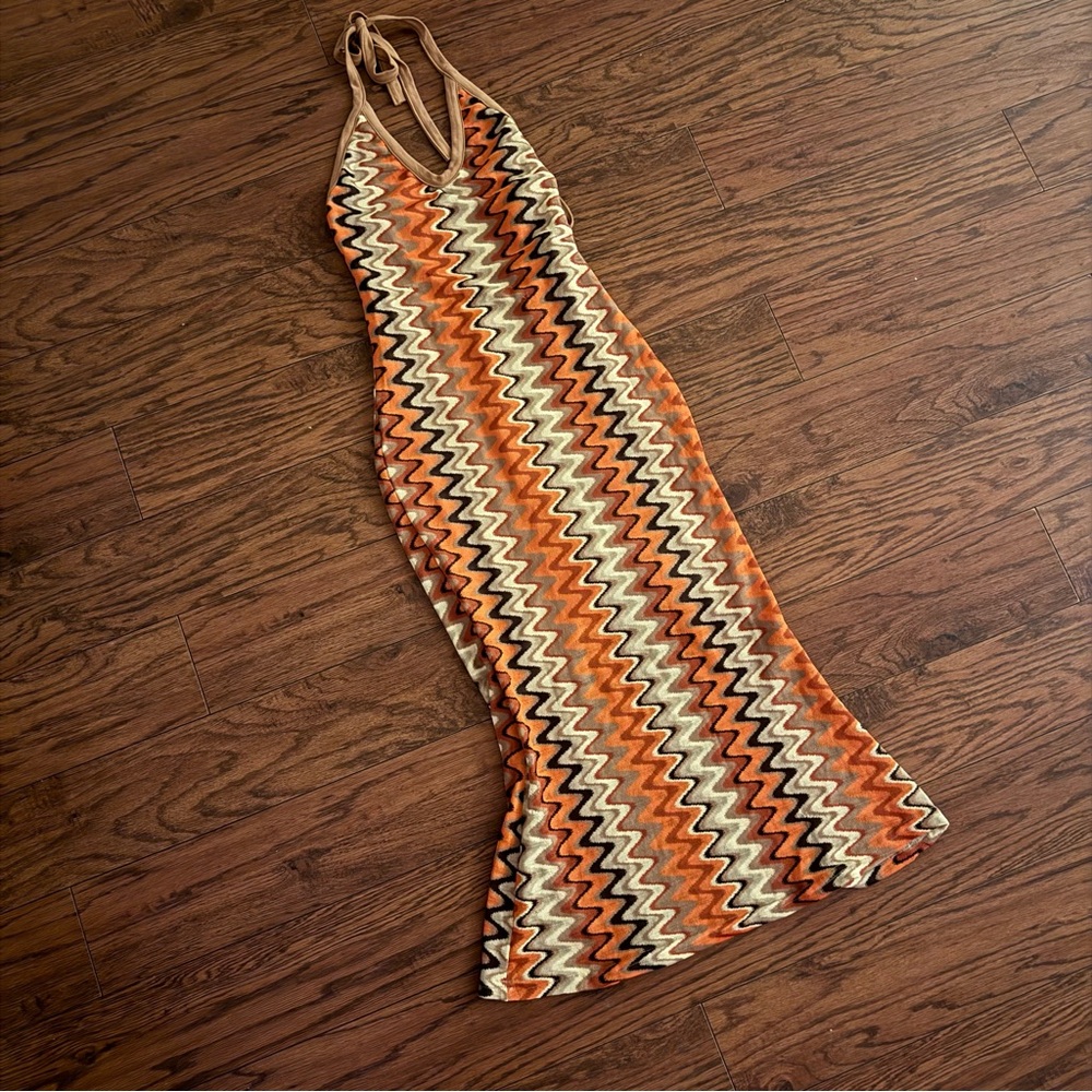 Orange Zig Zag Halter Maxi Dress Backless Bodycon Y2K Vacation Dress | S | NWOT